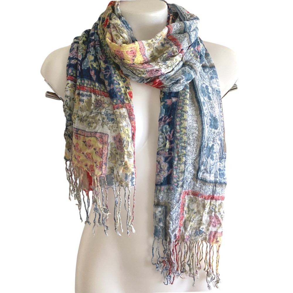 Boho Patchwork Floral Scarf Lightweight Blue Red Yellow Fringe Trim Wrap
